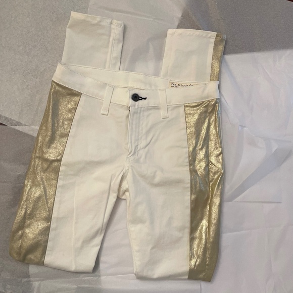 NWT! Rag & Bone Ivory Gold Lambskin Lamb Leather Trim Jeans 27 Intermix - Picture 5 of 16